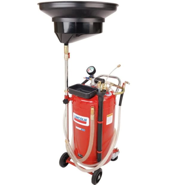 Lincoln 3639 25-Gallon Used Fluid Drain and Evacuator Combo, Self-Evacuating, 7ft Nylon Reinforced Discharge Hose and 6.5ft Evacuation Hose with Drip Plug